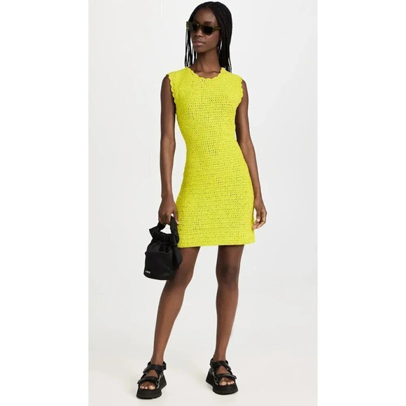 Ganni Velvet Crochet Open Back Mini Dress in Lime Punch Small New Womens Velour - Picture 1 of 16